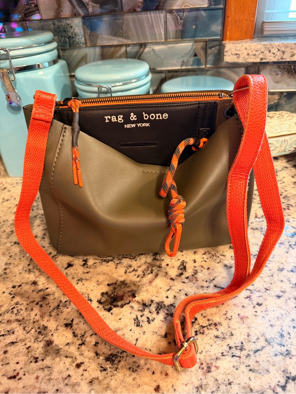 Rag N’ Bone Olive Leather Crossbody with Bright Orange Strap